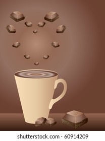 vector illustration of chocolate drink in a mug with chocolate pieces forming a heart shape in eps10 format