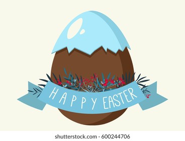 Vector illustration with chocolate egg and cracked shell. Blue ribbon with vegetation. Happy easter everyone!