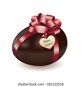 Vector illustration of chocolate egg with red bow and greeting card