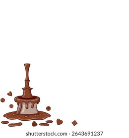 Ilustração vetorial de uma fonte de chocolate com chocolate derretido fluido e doces variados em um fundo branco, com espaço vazio no centro para design personalizado - perfeito para vendas, festas e