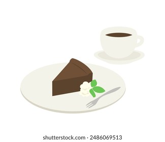 Vector illustration of chocolate gateau cake and coffee.