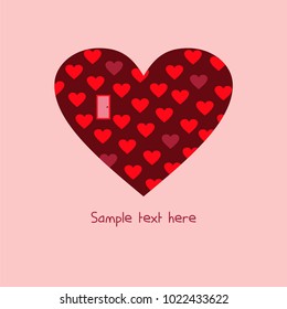Vector illustration. Chocolate heart with little pink hearts and a door on a pink background. The illustration can be used as a postcard, an invitation or a banner.