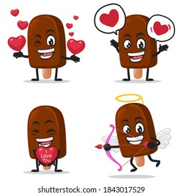 ilustración vectorial de helado de chocolate sobre mascota de palos o colección de personajes con tema de amor o valentina o amor