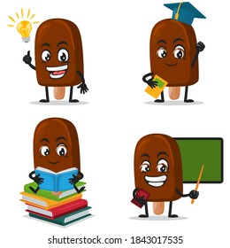 vector illustration of chocolate ice cream on stick mascot or character collection set with education theme