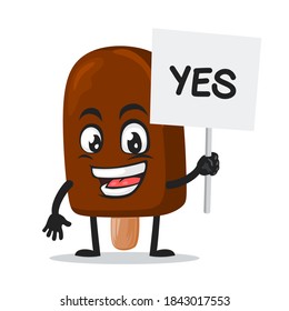 ilustración vectorial de helado de chocolate en mascota de palos o símbolo de retención de caracteres dice sí