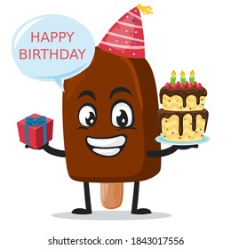 vector illustration of chocolate ice cream on stick mascot or character celebrate birthday party