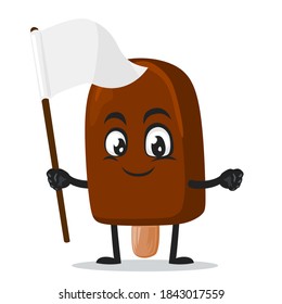 vector illustration of chocolate ice cream on stick mascot or character holding blank white banner