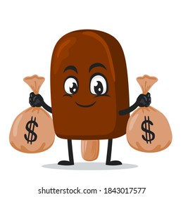 vector illustration of chocolate ice cream on stick mascot or character holding sacks of money