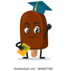 vector illustration of chocolate ice cream on stick mascot or character graduation hat and holding book