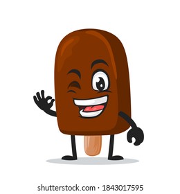 vector illustration of chocolate ice cream on stick mascot or character with nice hand