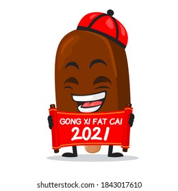 vector illustration of chocolate ice cream on stick mascot or character holding red scroll and says happy chinese new year 2021