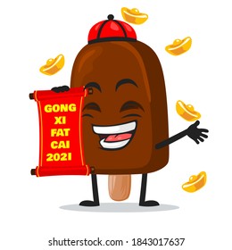 vector illustration of chocolate ice cream on stick mascot or character holding red scroll and says happy chinese new year 2021