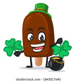 vector illustration of chocolate ice cream on stick mascot or character wearing shamrock hat