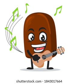 Vektorgrafik von Schokoladeneis auf Stick-Maskottchen oder Gitarre spielen
