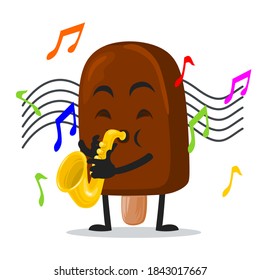 vector illustration of chocolate ice cream on stick mascot or character playing saxophone