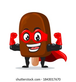 vector illustration of chocolate ice cream on stick mascot or character wearing super hero costume