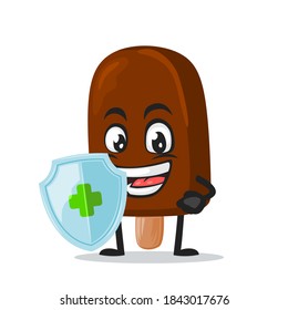 vector illustration of chocolate ice cream on stick mascot or character holding shield for protection