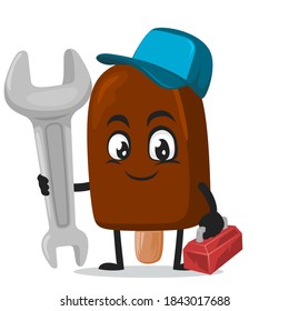 vector illustration of chocolate ice cream on stick mascot or character wearing service costume and holding wrench