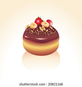 Vector illustration of Chocolate icing covered and sprinkled with strawberry, banana and nuts donut