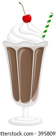 Vector illustration of a chocolate milkshake topped with whipped cream and a cherry.