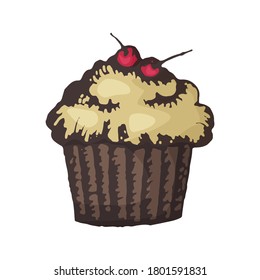 Vector illustration of a chocolate muffin with icing and cherries drawn by hand in color. Sweet pastries dessert for coffee and tea design for cafe and pastry shop and culinary and bakery