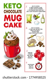 Vector illustration Chocolate mug cake muffin in a cup  recipe ketogenic diet