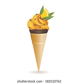 Vector illustration of chocolate and orange ice cream cone, isolated on white background