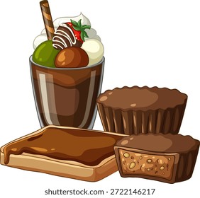 Vector illustration of chocolate parfait, peanut butter tarts, and hazelnut spread on toasted bread