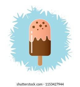 vector illustration of chocolate popsicle with a chips on the top and with a stick on a light blue 
snowflake background