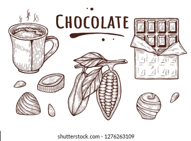 Vector illustration of chocolate set – cocoa beans, hot cup, candy, bar. Melted title inscription label. Vintage hand drawn doodle style.