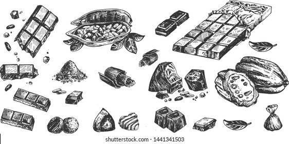 Vector illustration of chocolate set. Cocoa beans, candy, whole and crushed bar in foil, truffle, powder, dessert, sweet, sweets, chips. Vintage hand drawn style.