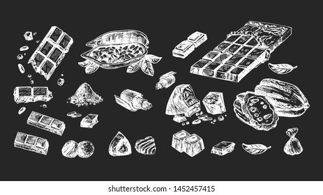 Vector illustration of chocolate set. Cocoa beans, candy, whole and crushed bar in foil, truffle, powder, dessert, sweet, sweets, chips. On black board chalk hand drawing