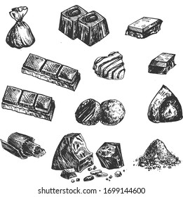 Vector illustration of chocolate set. Variety of candies, truffle, powder, dessert, sweet, sweets, chips. Vintage hand drawn engraving style.