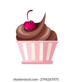 Vector illustration of a chocolate soft serve ice cream swirl topped with a red cherry in a cup. Sweet dessert isolated on white.