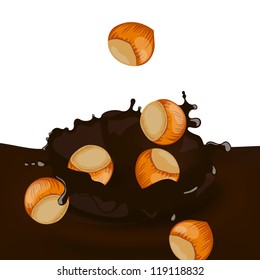 Vector Illustration of a Chocolate Splash with Hazelnuts