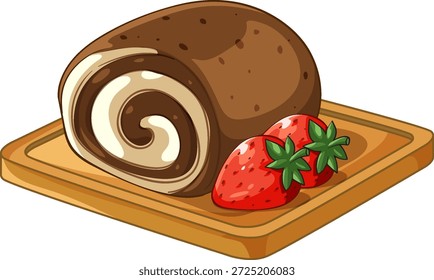 Ilustración vectorial de un rollo de bizcocho de chocolate con relleno de crema y fresas rojas