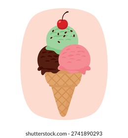 Vector illustration of a chocolate strawberry and mint ice cream cone