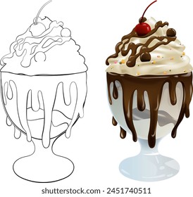 Vector illustration of a chocolate sundae dessert.