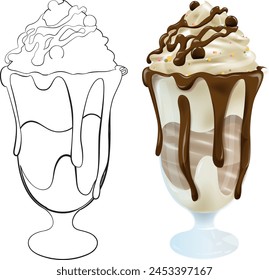 Vector illustration of a chocolate sundae dessert.