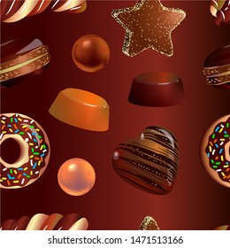 
Vector illustration of chocolate sweets on a brown background seamless pattern. Seamless pattern for fabric or wrapping paper.