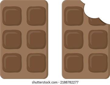 Vector illustration of chocolate tablets, six pack, eating sweets and treats, milk chocolate, bitten into candy. Rich and delicious. Cocoa products.