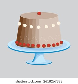Vector illustration of a chocolate and vanilla cake with cherries and cream on a blue cake stand. Perfect for bakery or celebration themes.