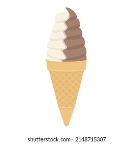 Vector illustration of chocolate vanilla swirl soft serve ice cream cone isolated on background.
