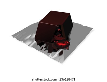 Vector illustration of chocolate yummy candy on foil with flowing out filling. 