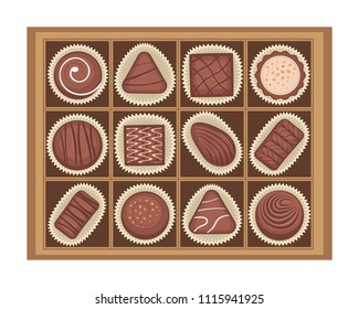 Vector illustration of chocolates candies in a box. 