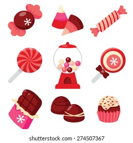 A vector illustration of chocolates and candies. This set includes sweets,candies, lollipops, gum ball dispenser, chocolate bar, truffles and bonbon.