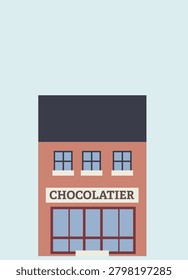 Vector illustration of a chocolatier, featuring handmade chocolates, a chocolate shop, sweets and pastry elements.