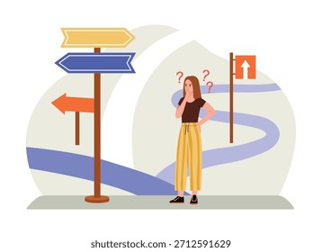 Ilustração vetorial do conceito de escolha. Cena de desenho animado de mulher confusa de pé e pensando em que direção ir, estrada com sinais de estrada, setas isoladas no fundo branco. Tomada de decisões.