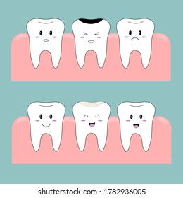 Vector illustration. The choice of images. Funny teeth. Teeth icons. Treatment of caries. Caries. The correction of the teeth. Flat illustration.