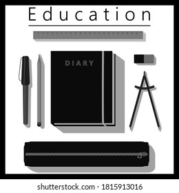 Vector illustration of the choice of the necessary things for study and education. The poster shows a diary, pencil, pen, circus, eraser and pencil case. Poster for study.